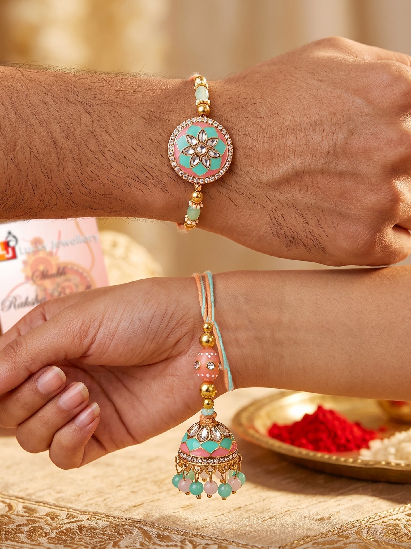 Set of 2 Pastel Green & Pink Bhaiya Bhabhi Rakhi Set, Kundan Floral Lumba with Beads, Roli, Chawal (325-CHCR1-1152-PKMNT-2-2026)