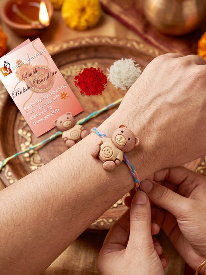 Set of 2 Cute Teddy Bear Kids Rakhi with Colorful Thread, Roli Chawal & Card (80-CHR1-1949-2-2026)