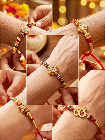 Lucky Jewellery Set of 5 Rakhi with Small Floral & Om Centerpieces, Gold-Tone Beads, Roli Chawal & Card (57-S7R1-2313-5)