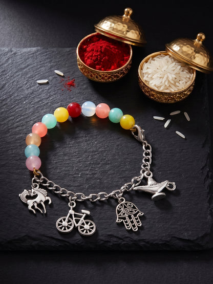 Bracelet Rakhi with Small Silver Charms, Multi & Pastel Beads, Roli Chawal & Card (158-N4B2O-1991-MT-2026)