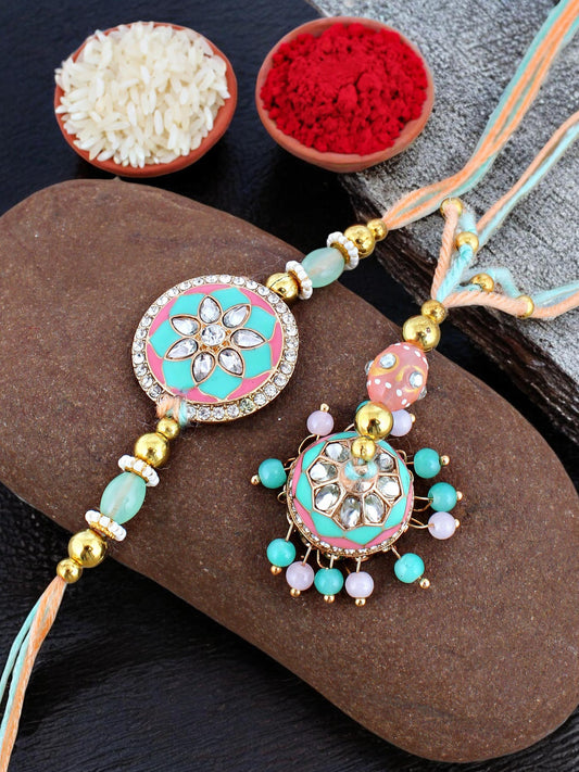 Lucky Jewellery Designer Gold Plated Pink and Mint Meena Stone Rakhi - Rakshabandhan Rakhee with Tasseled Lumba Bracelet for Brother Bhaiya Bhai Bhabhi - Pack of 2 (325-CHCR1-1152-PKMNT-2)