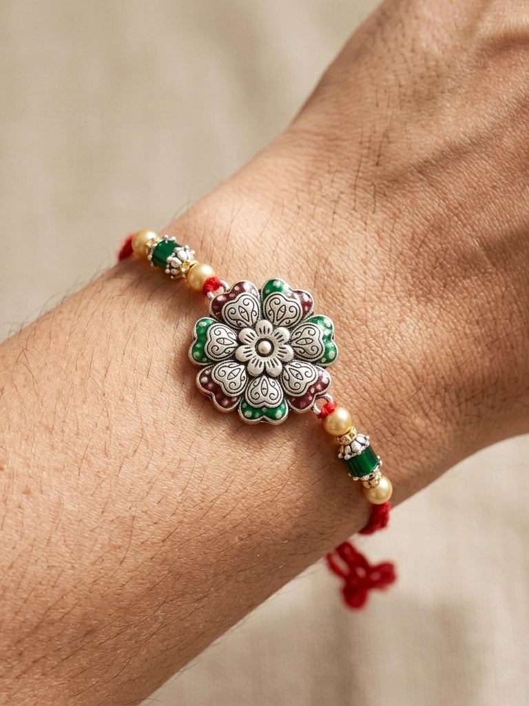Set of 2 Silver Floral Rakhi for Brother with Metallic, Green & Maroon Enamel, Roli & Chawal & Card (108-CHR1-1966-MG-S-2-2026)