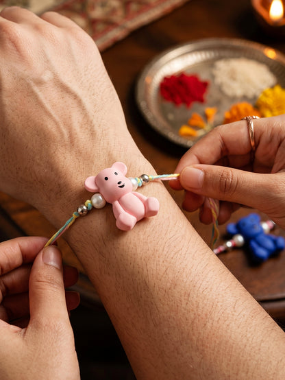 Set of 2 Cute Teddy Bear Kids Rakhi in Pink & Blue with White Beads, Roli Chawal & Card (105-CHR1-1206-PKB-2-2026)
