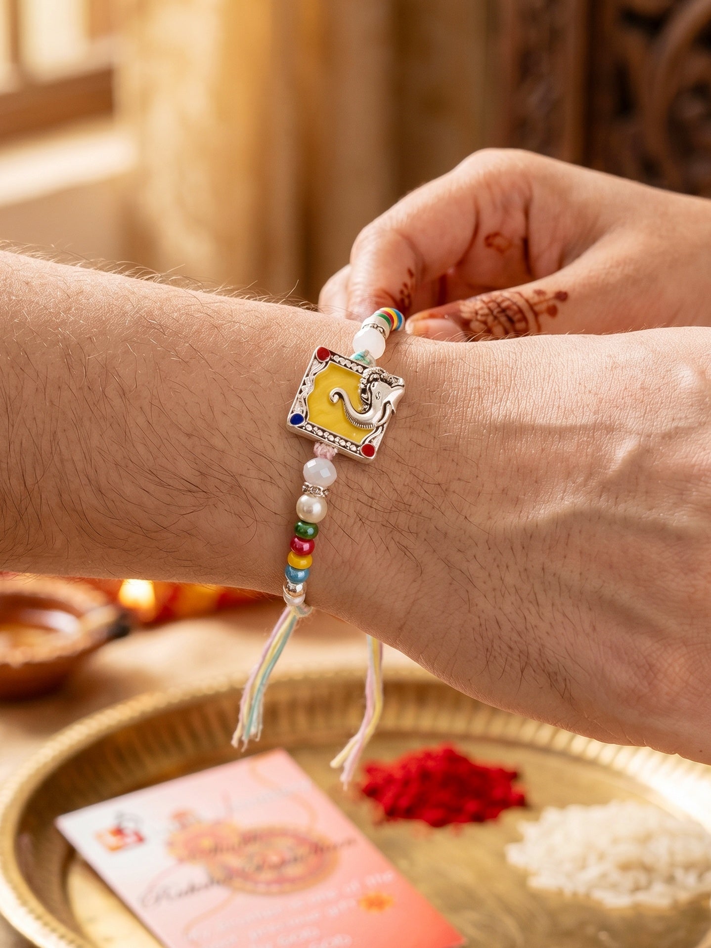 Lord Ganesha Silver-Finish Yellow Enamel Beaded Rakhi For Brother | Rakhi With Roli Chawal, Card (132-S5R1-AR2769)