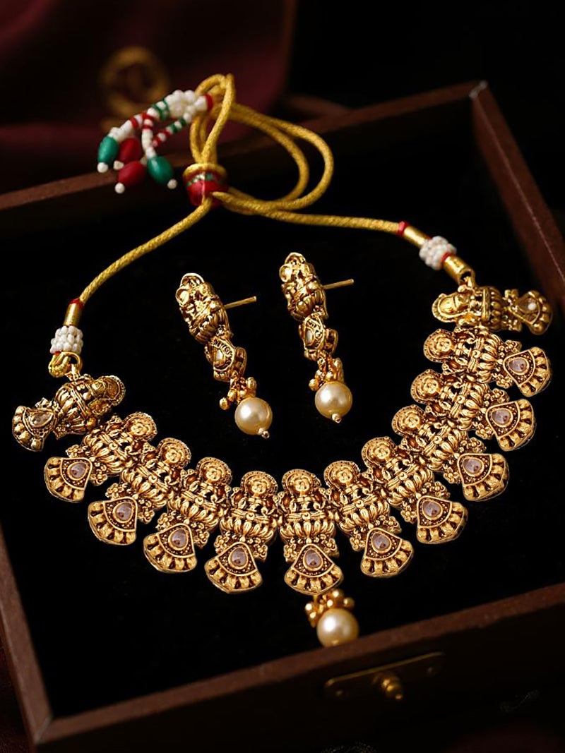 Gold Plated Temple Jewellery Goddess Lakshmi Design Necklace with Earrings
