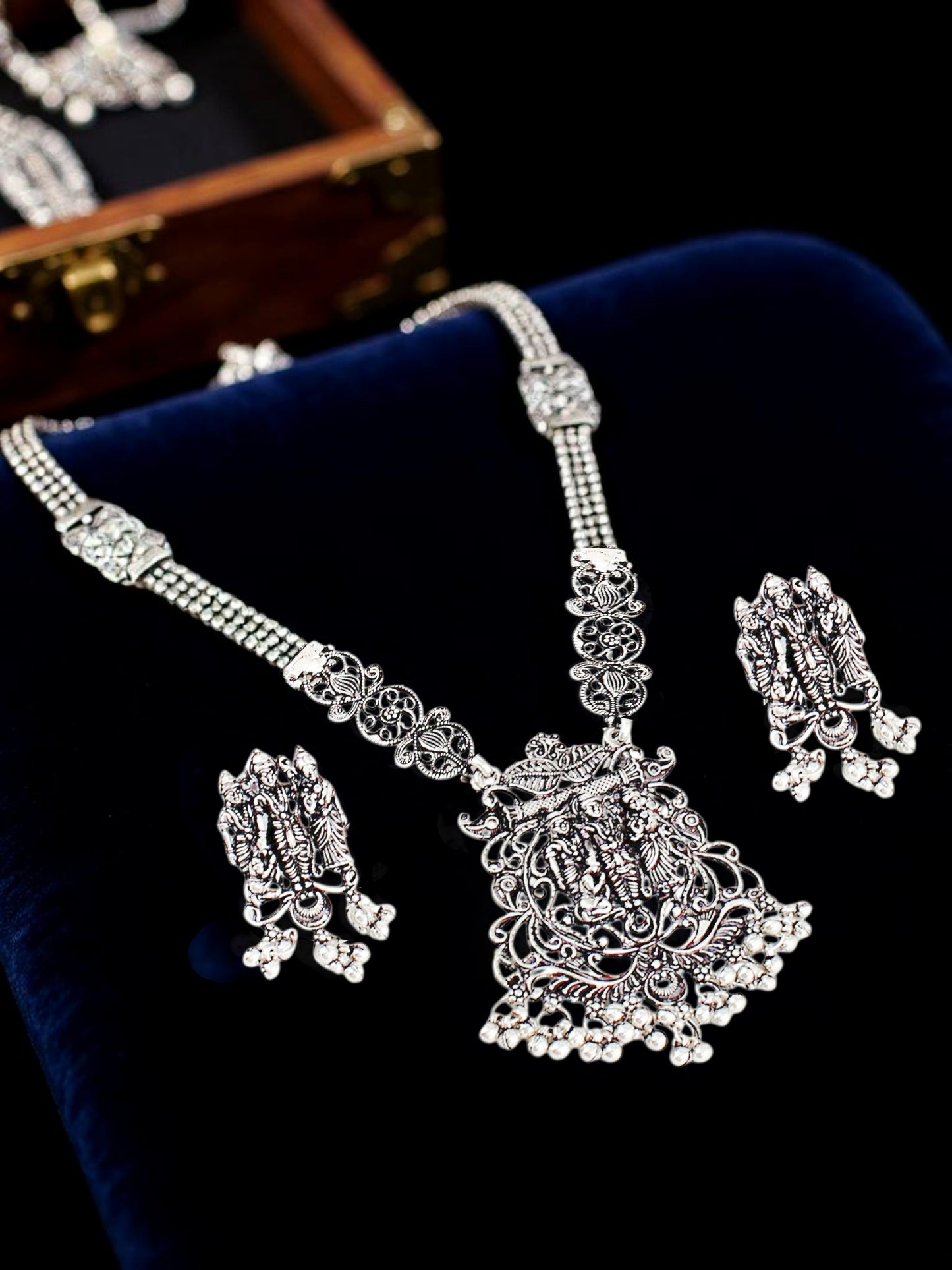 Oxidised Silver Temple Jewellery Necklace Set for Women & Girls