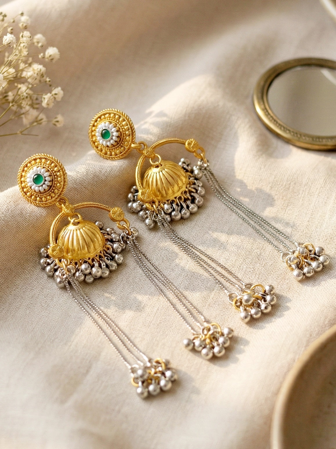 LUCKY JEWELLERY Trendy Celebrity Inspired Oxidised Silver Pink Stone Long Dangler Earrings For Girls & Women | Antique Silver Jhumkee Earing Set | Birthday Gift Earrings Valentine Anniversary Gift