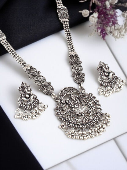 Oxidised Silver Lord Ganesha Temple Jewellery Necklace Set with Earrings