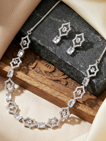 Silver-Tone White Stone & American Diamond Necklace Set with Earrings for Women – Office, Party & Function Wear (628-K4SA-2240-W-S)