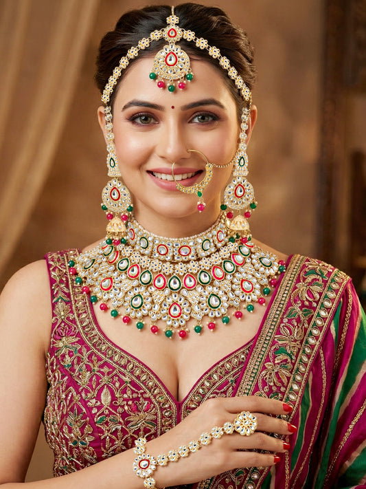 Bridal Kundan Red Green Multicolor Heavy Choker Jewellery Set with Hathphool & Nath (2640-IZK-551-RG)