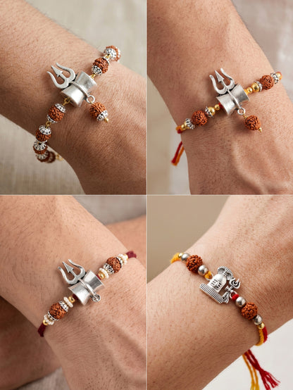 Rudraksha Rakhi Set of 4 for Brothers With Silver Trishul Design with Roli, Chawal & Card (241-JPR1-1982-S-4-2026)