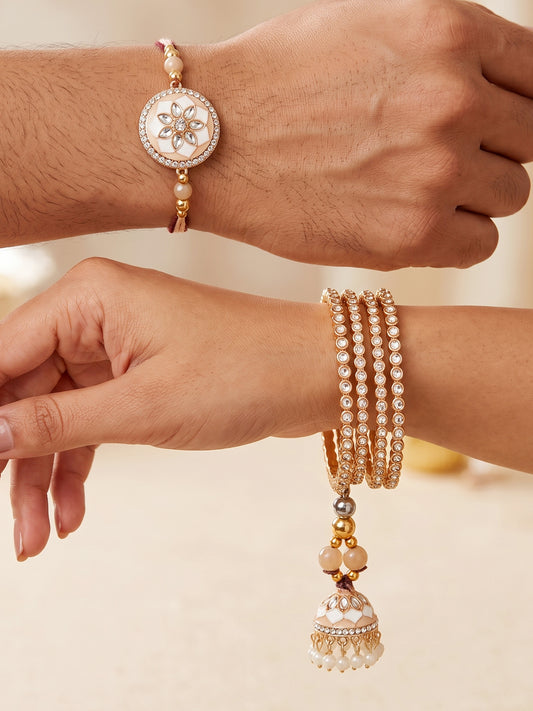 Set of 2 Beige & White Kundan Bhaiya Bhabhi Rakhi Set, Floral Enamel Jhumki Lumba with Beads (325-CHCR1-1152-W-2-2026)