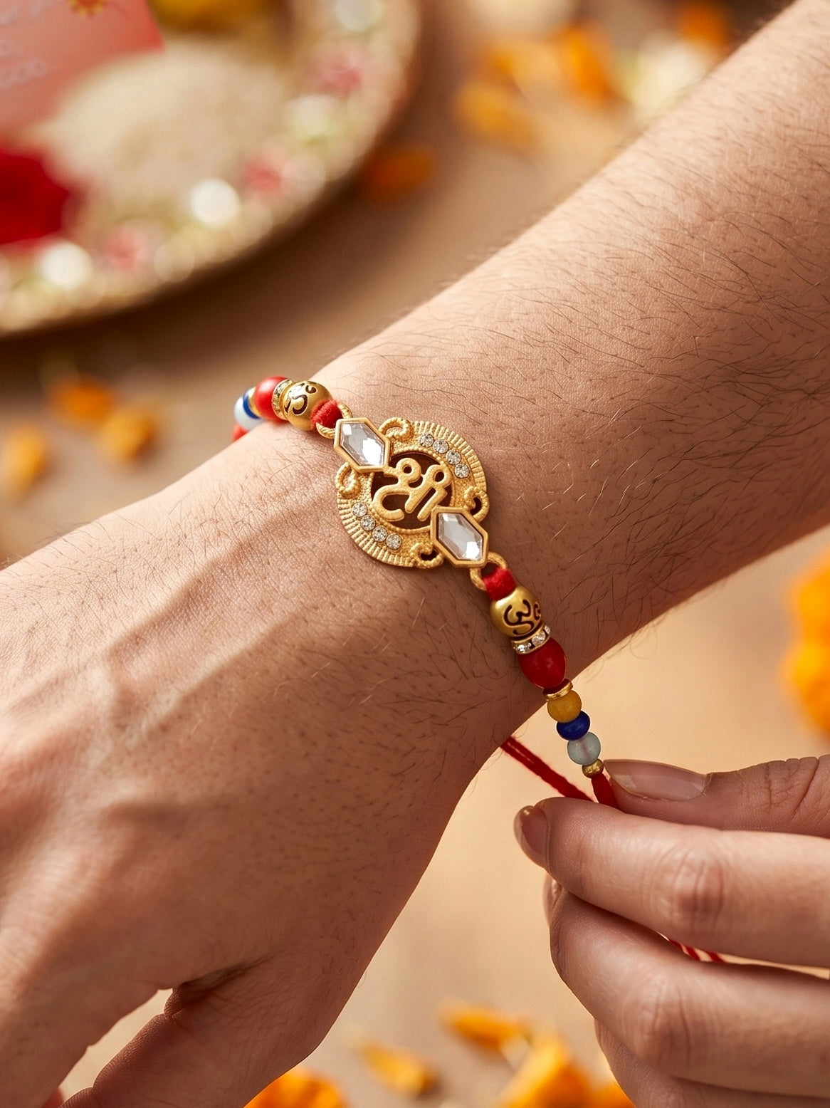 Religious Shree Symbol & Spiritual Om Beaded Rakhi Set for Brother | Roli Chawal, Card (72-S5R1-AR2967)
