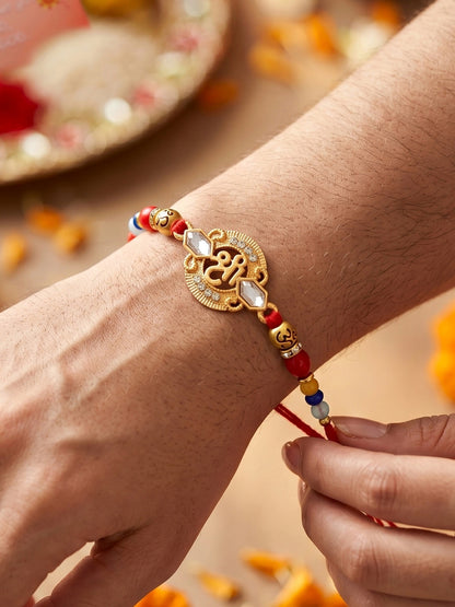 Religious Shree Symbol & Spiritual Om Beaded Rakhi Set for Brother | Roli Chawal, Card (72-S5R1-AR2967)