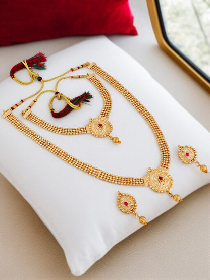 Gold Plated Traditional Double Necklace Set with Earrings For Women & Girls
