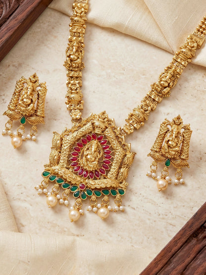 Lucky Jewellery Gold-Plated Ganesh Idol Temple Ruby & Green Color Necklace Set (660-G2SR-201-RG)
