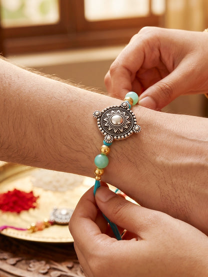 Set of 2 Oxidised Silver Mandala Rakhi for Brother with Pastel Beads, Roli Chawal & Card (84-JPR1-1962-S-2-2026)