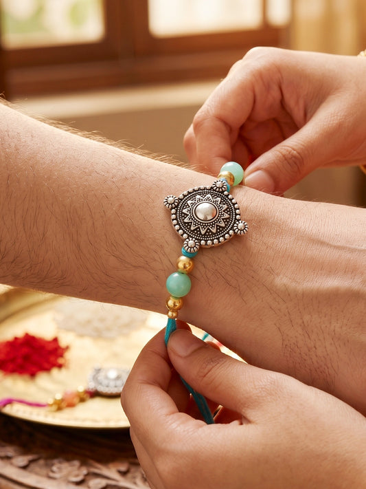 Set of 2 Oxidised Silver Mandala Rakhi for Brother with Pastel Beads, Roli Chawal & Card (84-JPR1-1962-S-2-2026)