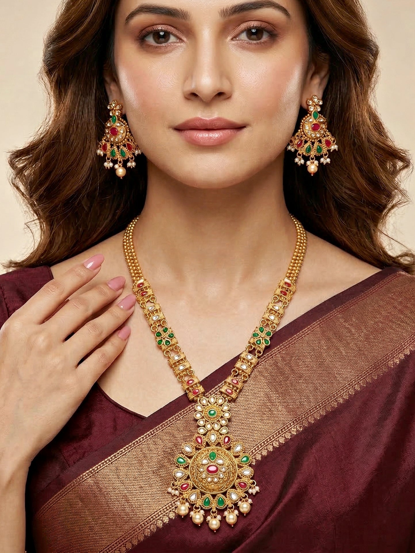 Lucky Jewellery Gold-Plated Ruby & Green Color Long Necklace Set (732-G2SR-194-RG)