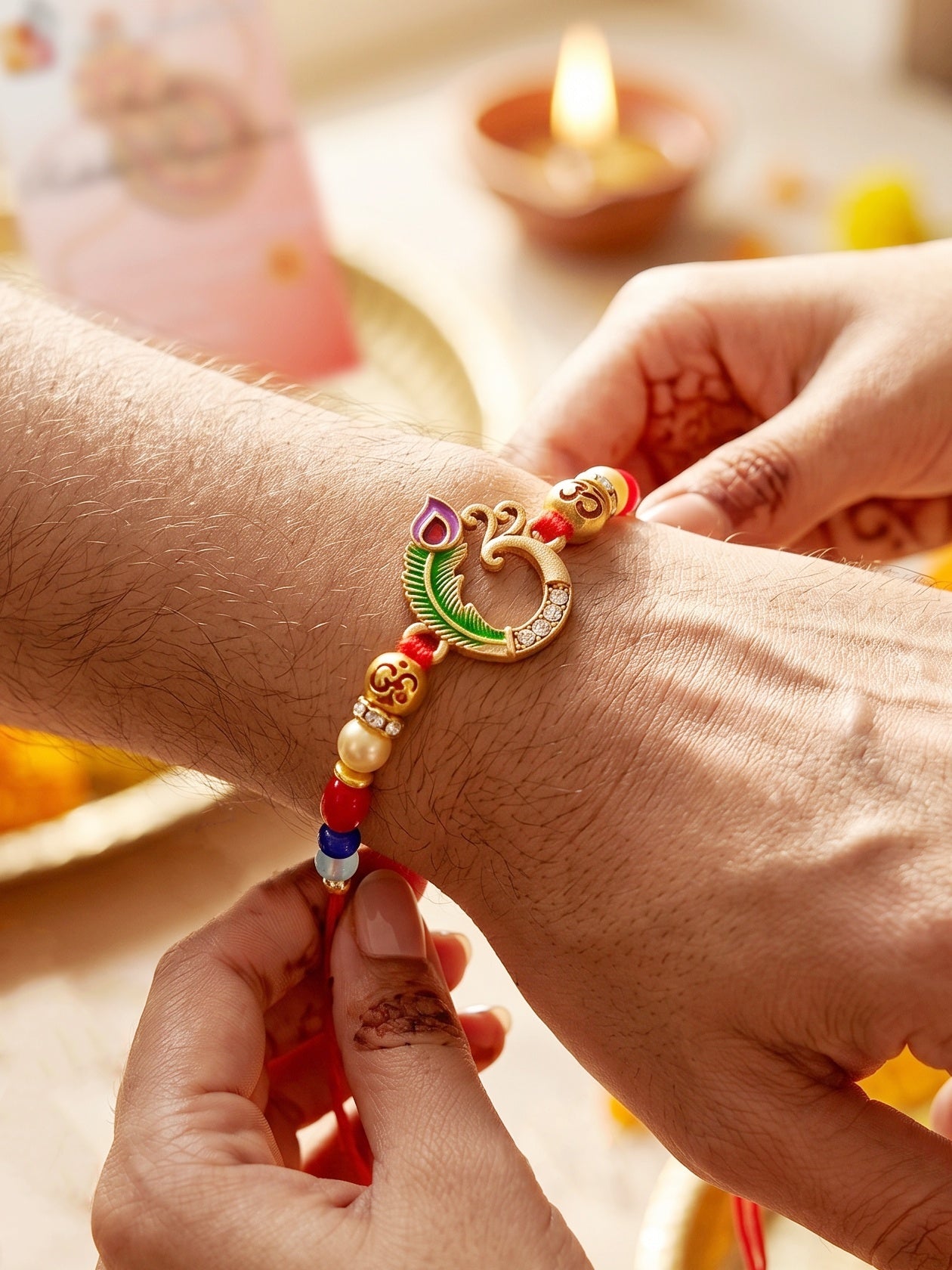 Traditional Om & Peacock Spiritual Beaded Rakhi For Brother With Roli Chawal & Card (72-S5R1-AR2903)