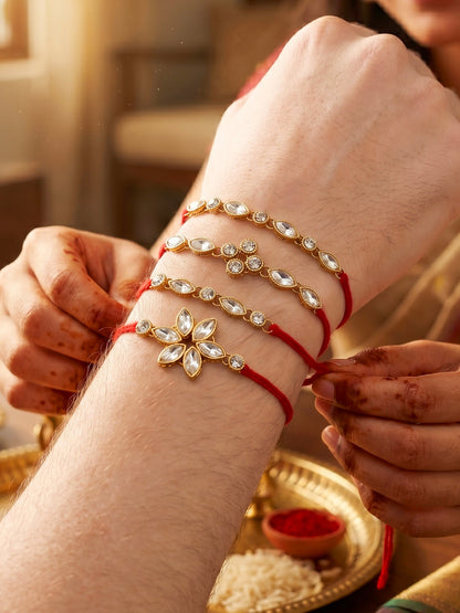 LUCKY JEWELLERY Traditional Rakhi for Brother/Bhaiya – Gold Plated Red Thread Rakshabandhan Rakhie White Stones for Bhai/Bhabhi (Pack of 4) – Fancy Rakhee Bracelet Rakshasutra (149-L1R1-11-W-4-2026)