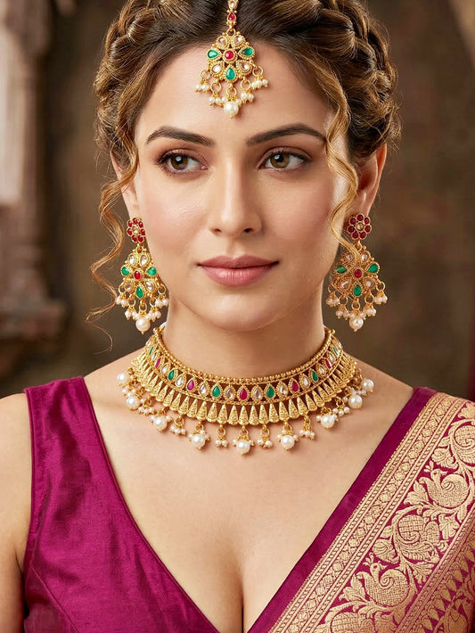 Lucky Jewellery Gold-Plated Ruby & Green Color Choker Set with Maang Tikka (750-G2SR-004-RG)