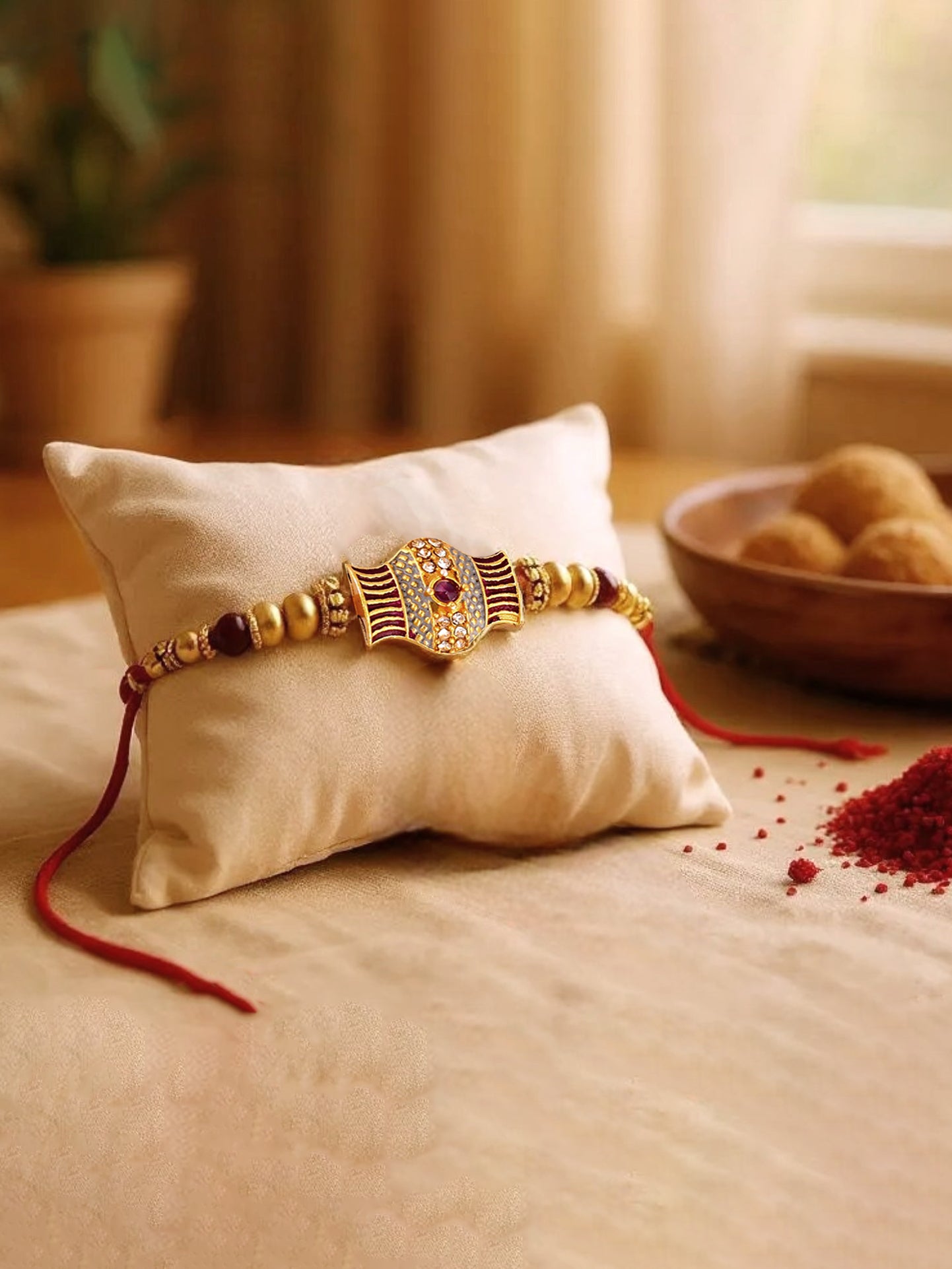 Gold Plated Meenakari Rakhi - Rakshabandhan Beads Rakhee for Brother/Bhaiya/Bhai/Bhabhi Pack of 1