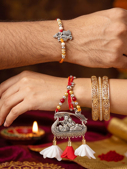 Set of 2 Bhaiya Bhabhi Rakhi Set with Radha Krishna Pendant, Maroon & White Tassels, Roli Chawal (182-JPCR1-1990-S-2-2026)