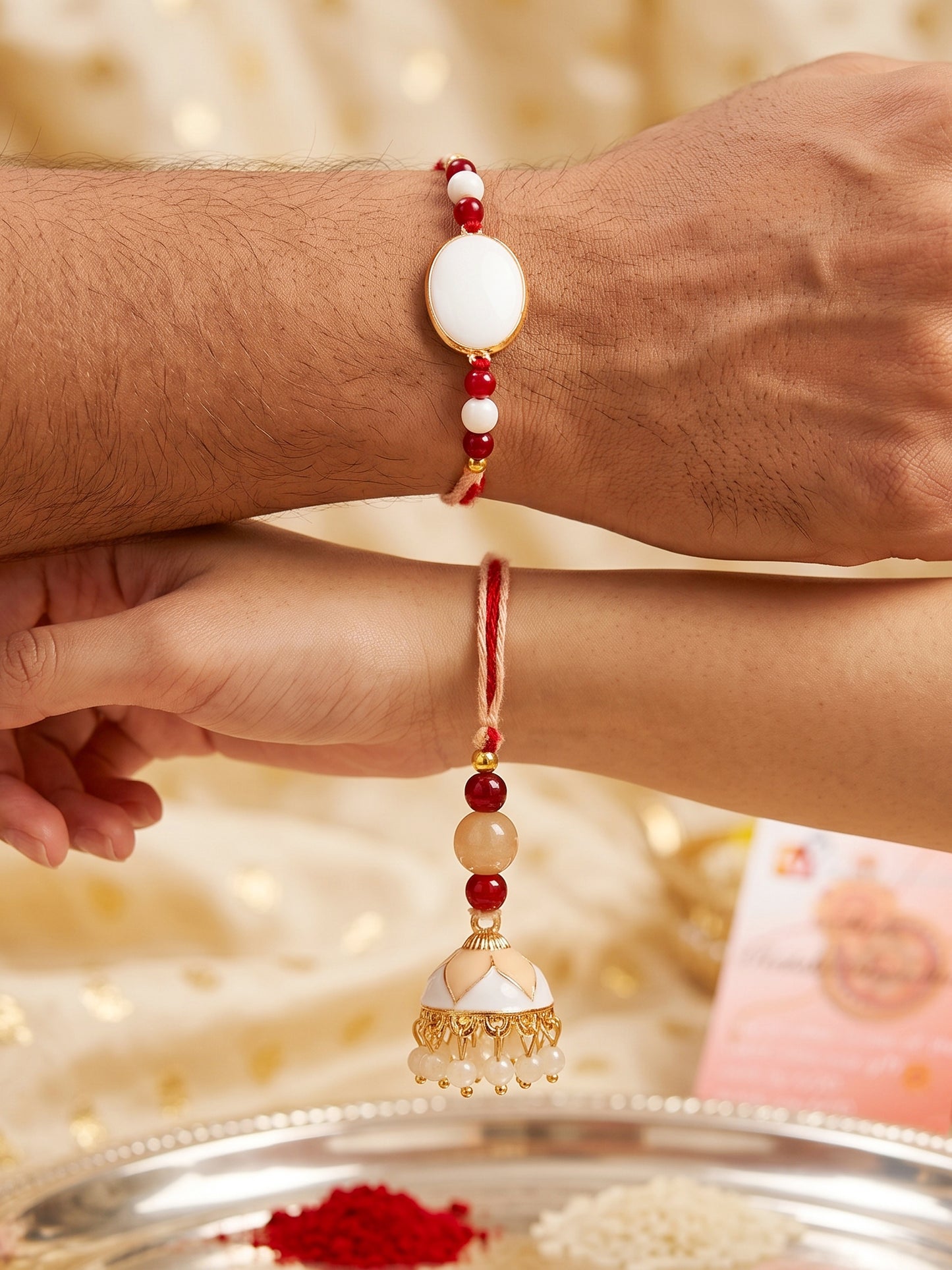 Set of 2 White & Maroon Bhaiya Bhabhi Rakhi Set, Designer Lumba with Beads, Roli, Chawal & Card (265-CHCR1-1151-W-2-2026)