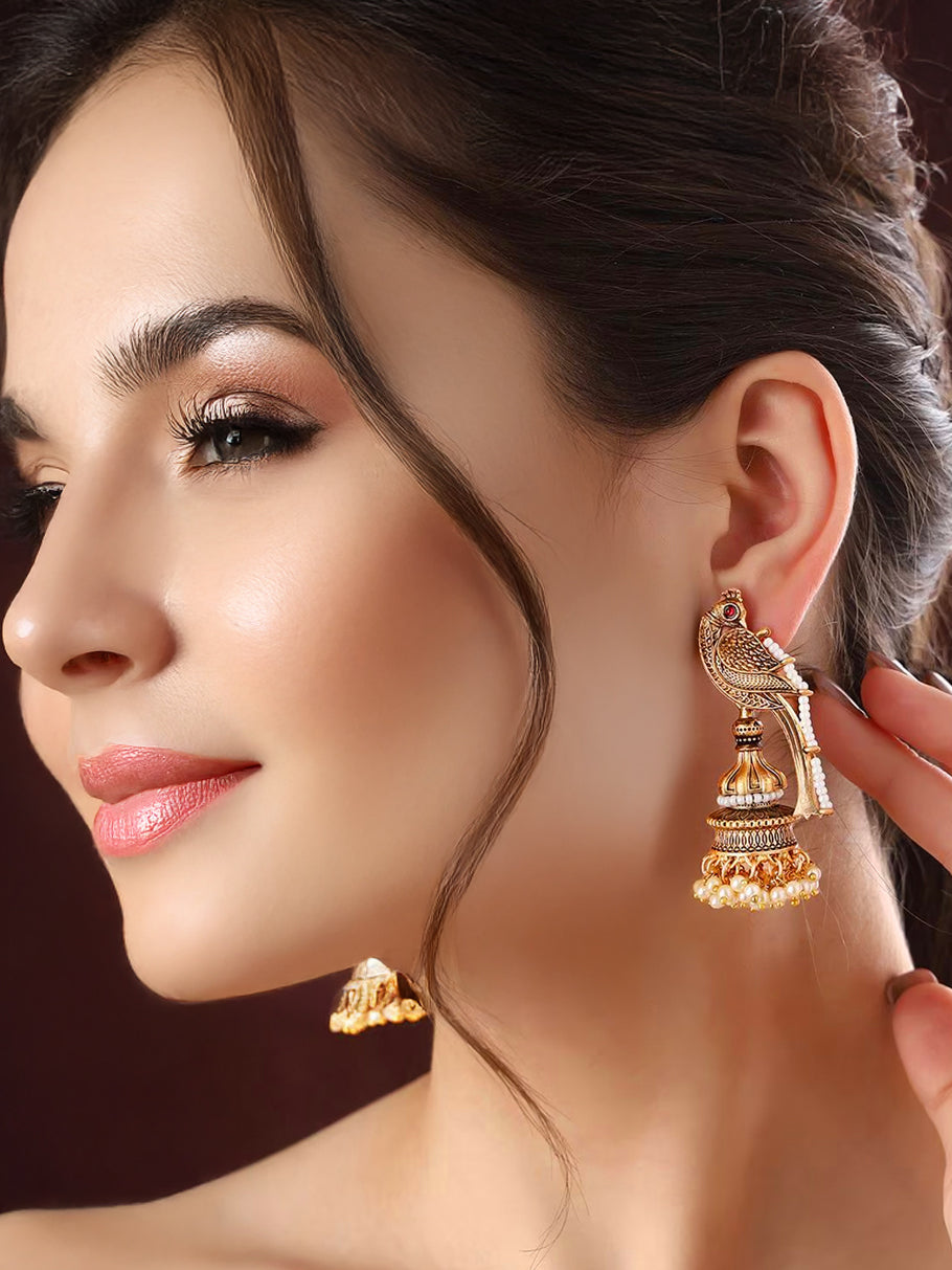 Trendy Celebrity Inspired Oxidised Gold Jhumki For Girls & Women | Black Metal Jhumkee Earing Set
