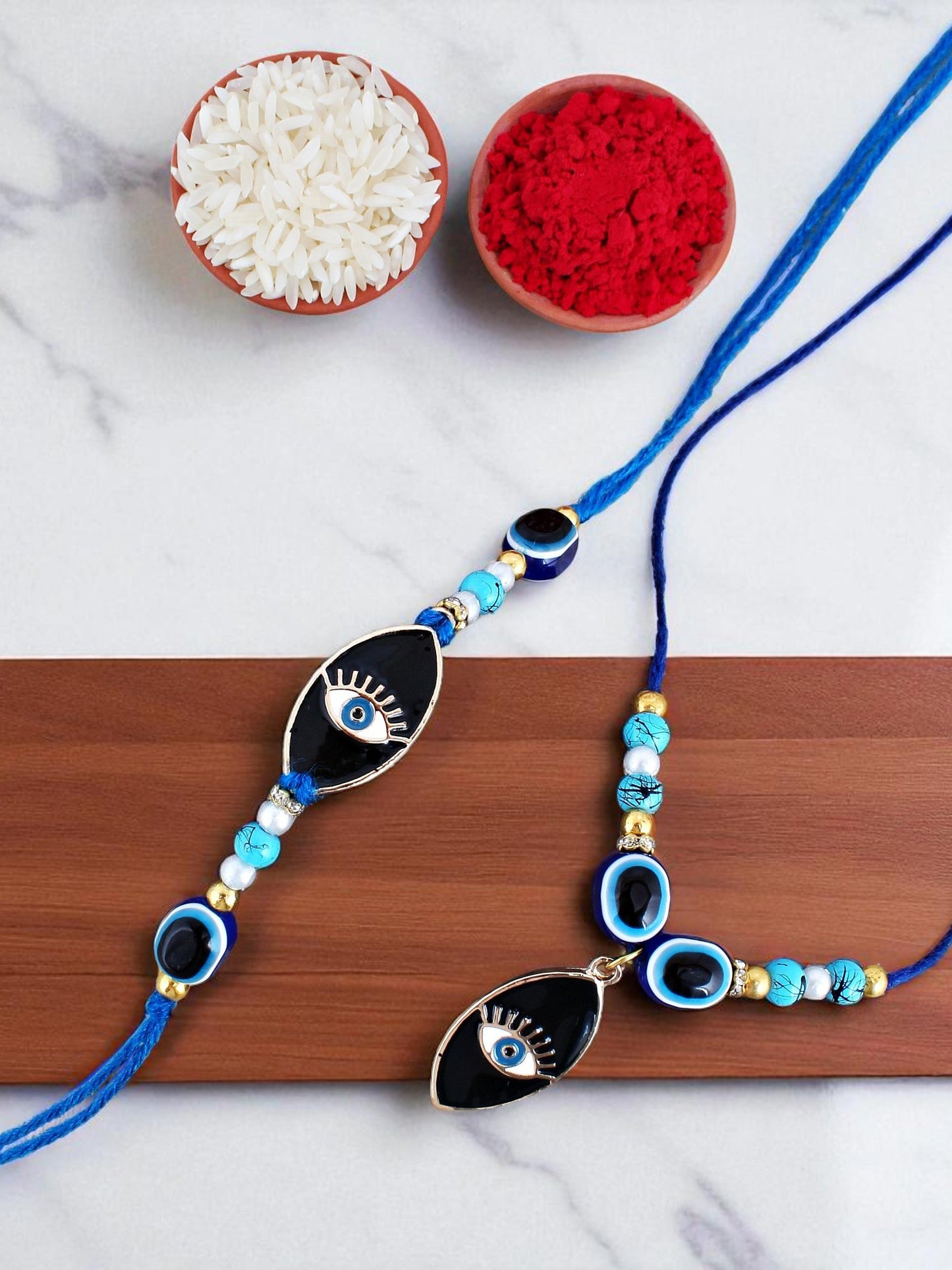 Lucky Jewellery Designer Blue Color Evil Eye Rakhi - Rakshabandhan Rakhee with Lumba Bracelet for Brother/Bhaiya/Bhai/Bhabhi - Pack of 2 (194-CHCR1-1984-S-2)