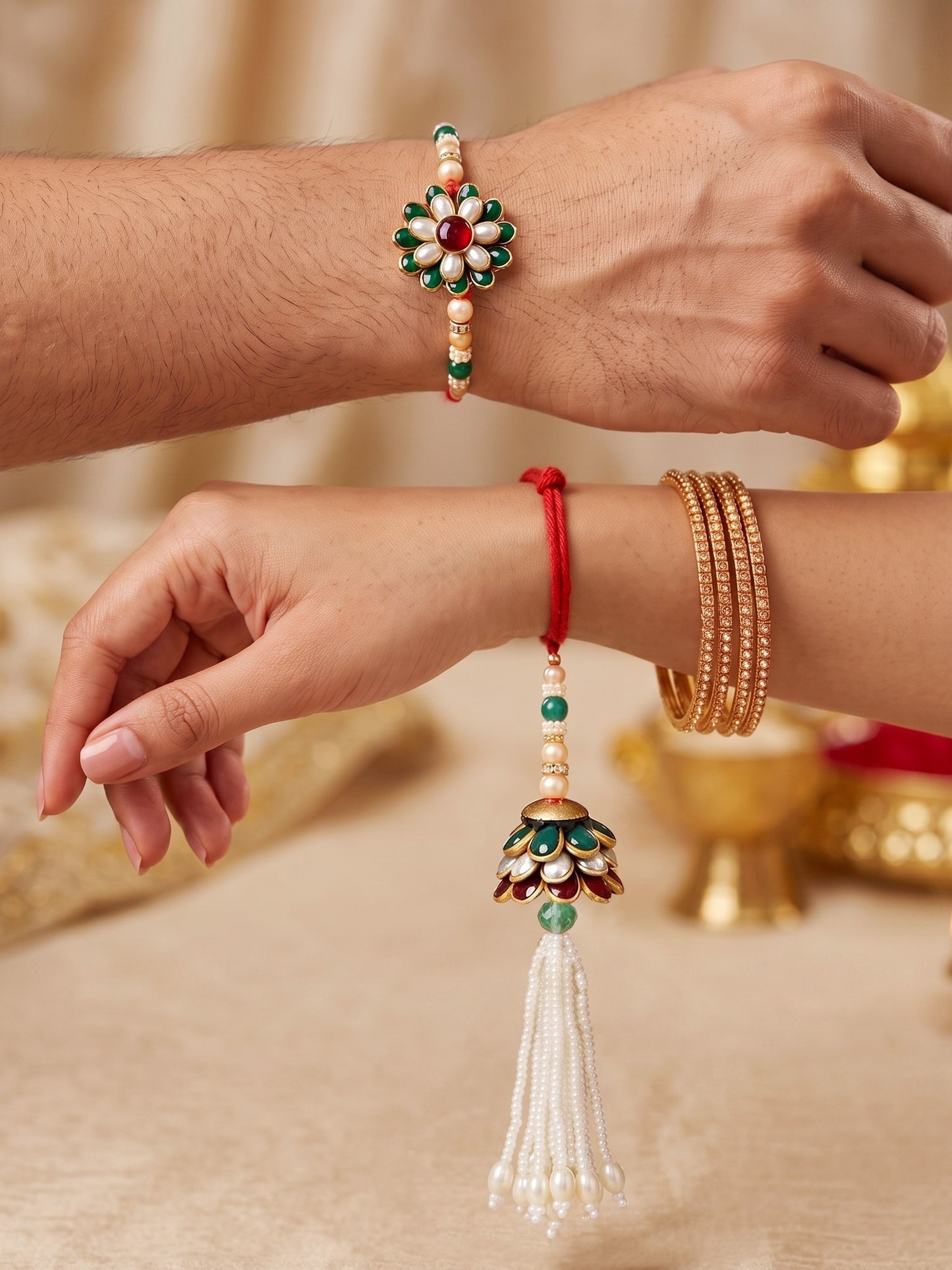 Set of 2 Bhaiya Bhabhi Rakhi Set with Floral Pendant, Maroon Stones & Beads, Tassel Lumba (173-JPCR1-1858-MG-2-2026)