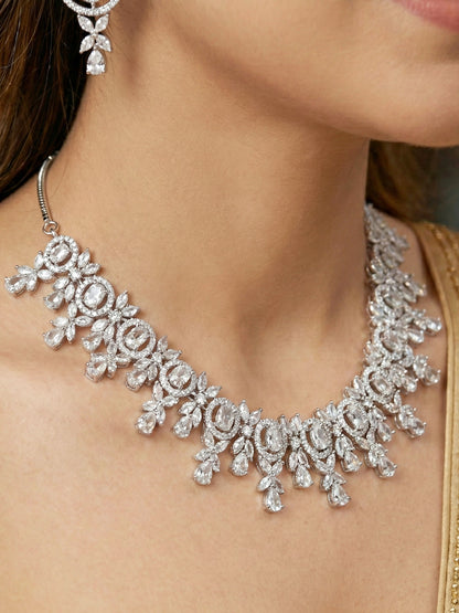 Silver-Tone White Stone & American Diamond Necklace Set with Earrings for Women – Office, Party & Function Wear (1717-K4SA-2242-W-S)