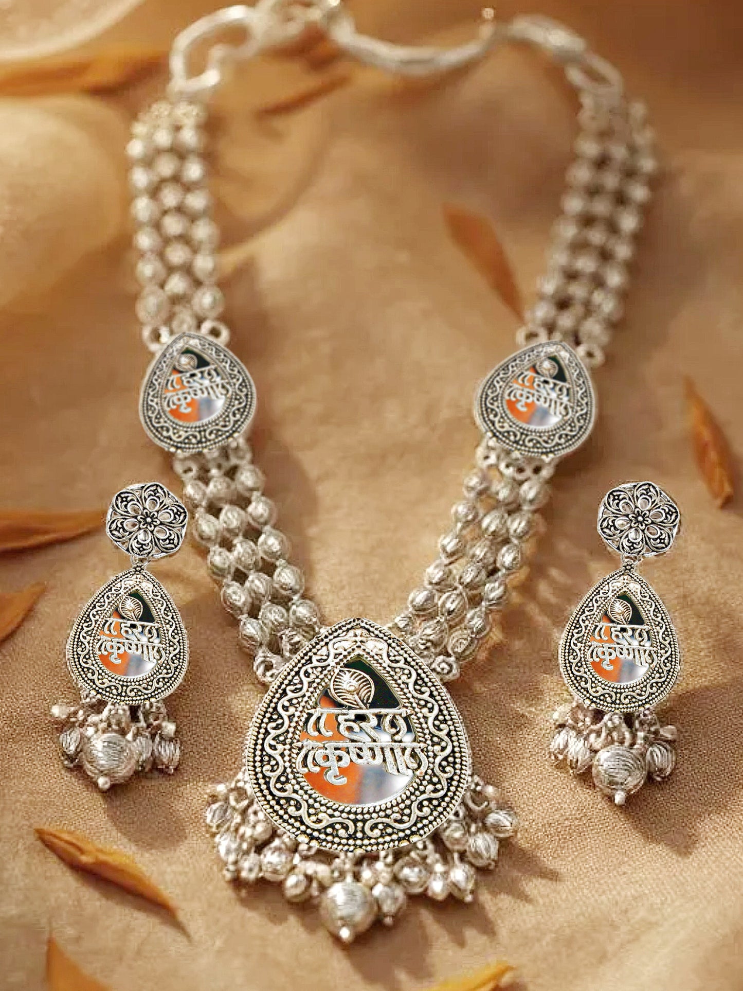 Oxidised Silver Plating Hare Krishna Temple Jewellery Necklace Set for Women & Girls