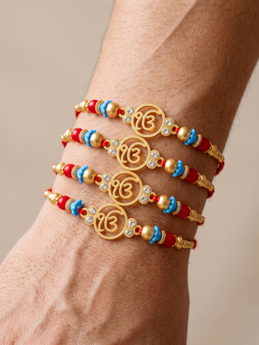 Lucky Jewellery Set of 4 Rakhi with Ek Onkar Pendant, Maroon & Blue Beads, Roli Chawal & Card (62-S7R1-2322-4)
