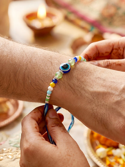 Blue Evil Eye Rakhi with Greeting Card and Roli Chawal Set for Rakshabandhan (57-S5R1-RN2244)