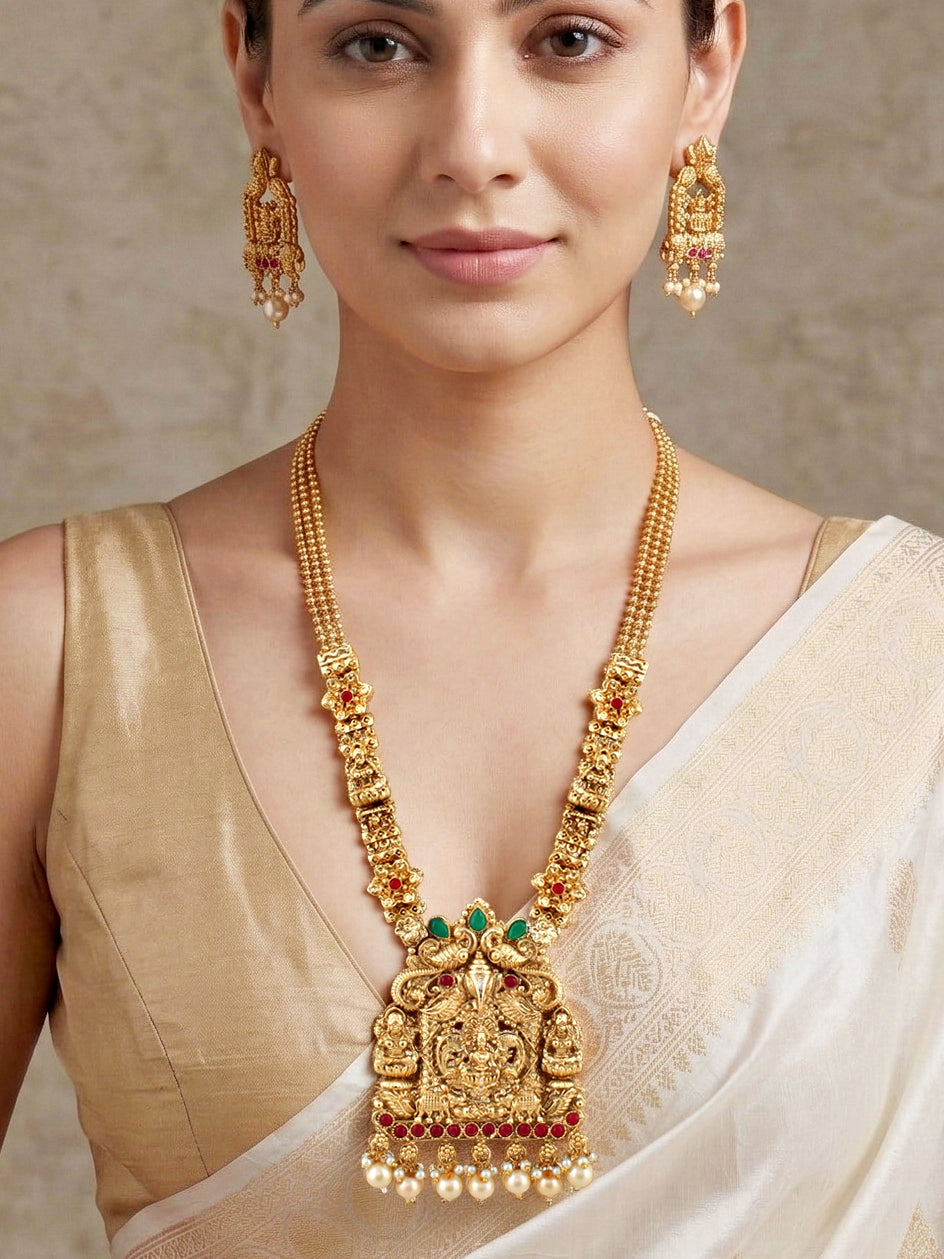 Lucky Jewellery Gold-Plated Ganesh Laxmi Ruby & Green Color Necklace Set (660-G2SR-200-RG)