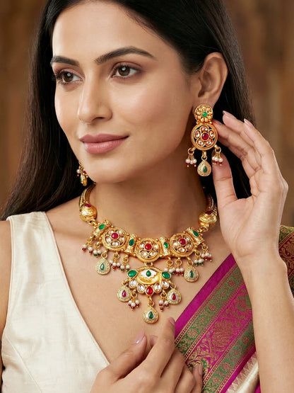 Lucky Jewellery Gold-Plated Ruby & Green Color Necklace Set (750-G2SR-268-RG)