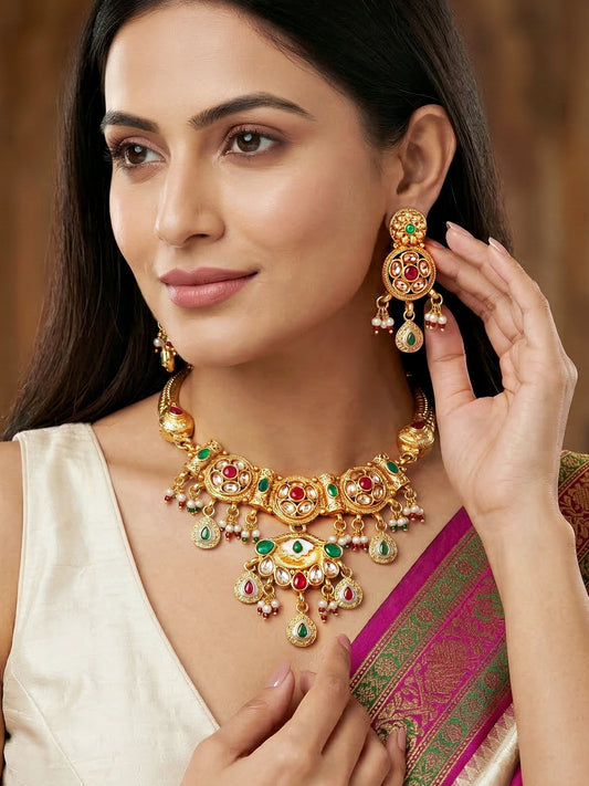 Lucky Jewellery Gold-Plated Ruby & Green Color Necklace Set (750-G2SR-268-RG)