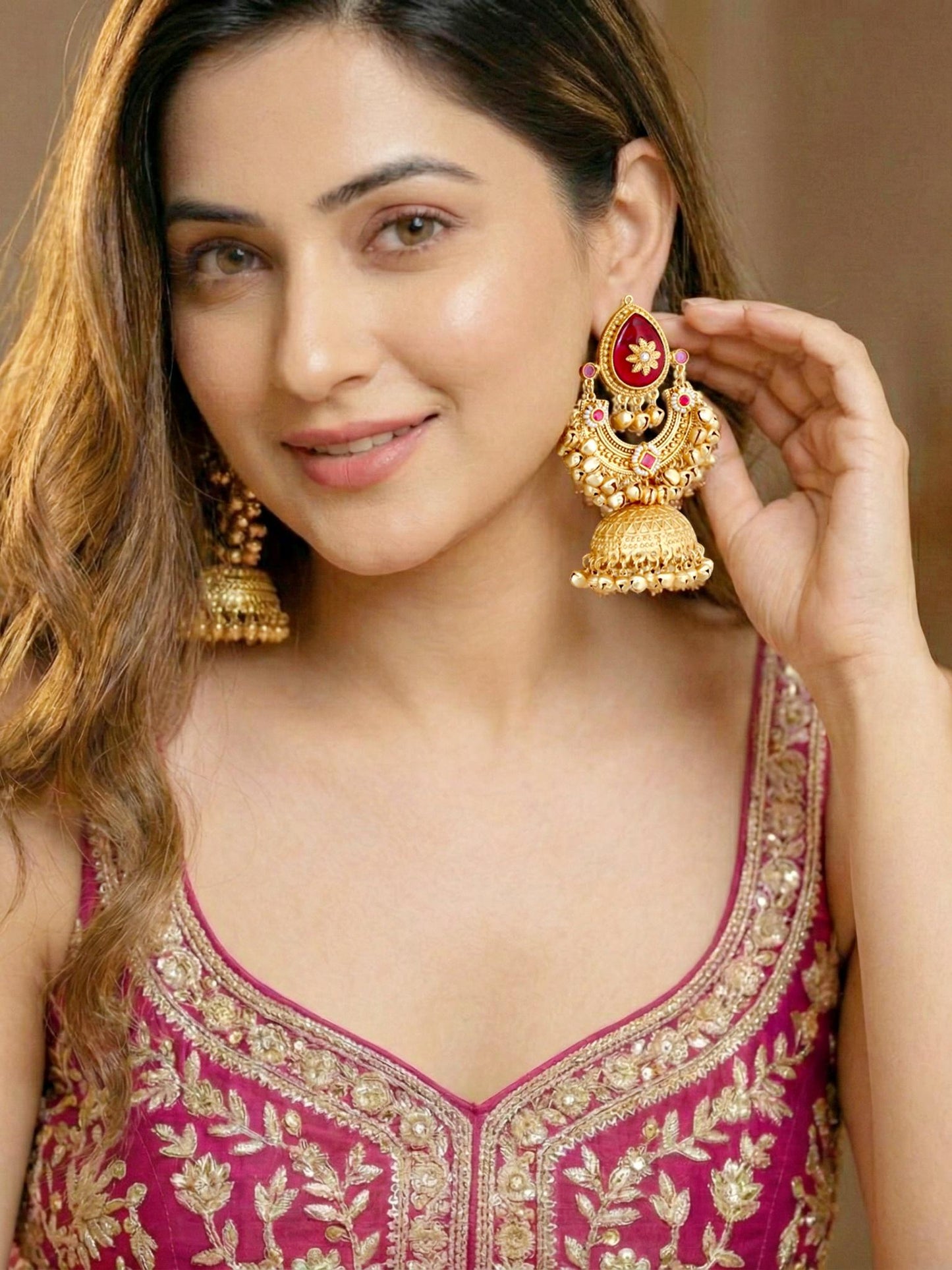 LUCKY JEWELLERY  Traditional Gold Plated Kashmiri Jhumka Earrings with Ruby Stone and Ghungroo for Girls & Women |  Designer Jhumkee Earring Set | Birthday Gift Earrings Valentine Anniversary Gift