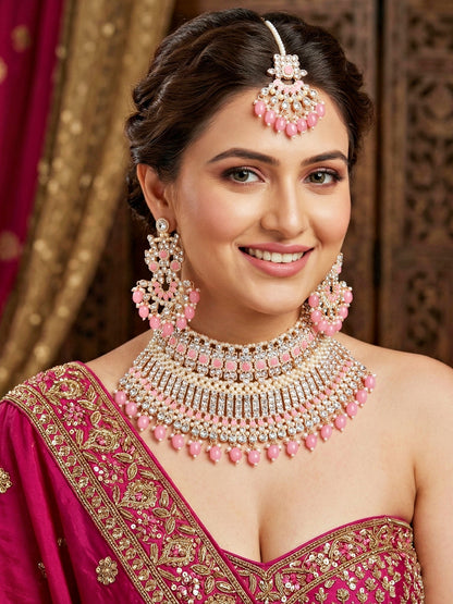 Rose Gold Plated AD Pink Stone & Pearl Bridal Choker Jewellery Set with Maang Tikka (974-B5SP-007-PK)