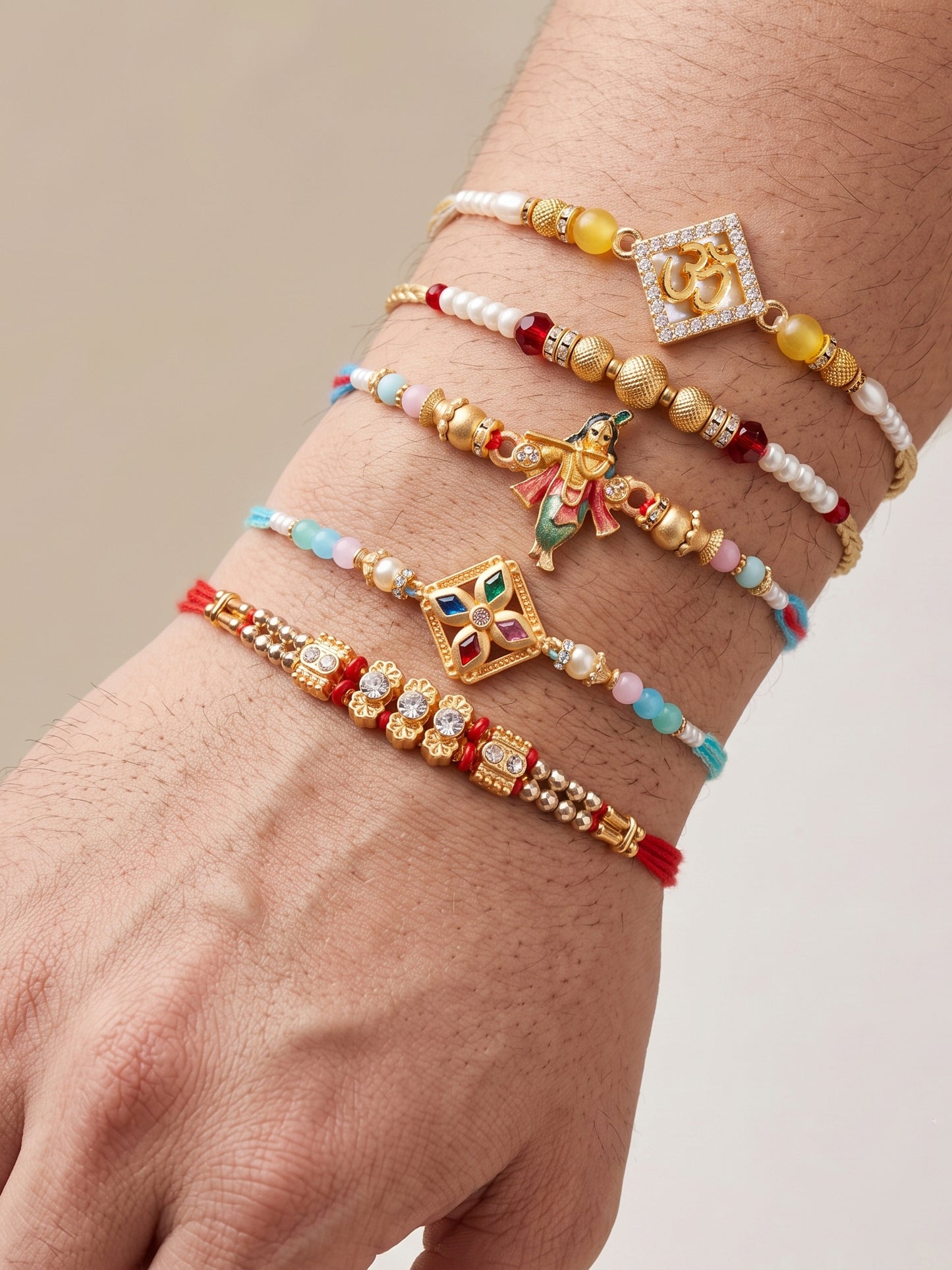 Lucky Jewellery Set of 5 Designer Beaded Rakhi for Brother | Golden Om & Krishna Raksha Bandhan Combo with Roli, Chawal & Card (259-S7R1-2320-5)