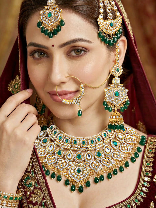 Bridal AD Green Stone Heavy Choker Jewellery Set with Jhumka & Nath (3300-M8ZK-1102-G)