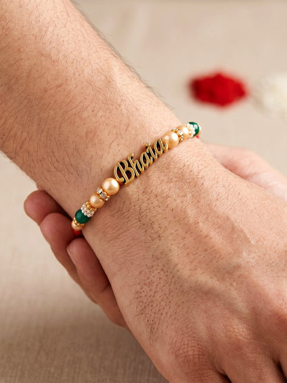 Lucky Jewellery Set of 2 Gold Bhaia Rakhi with Green Beads, Roli, Chawal & Card (62-CHR1-1965-2-2026)