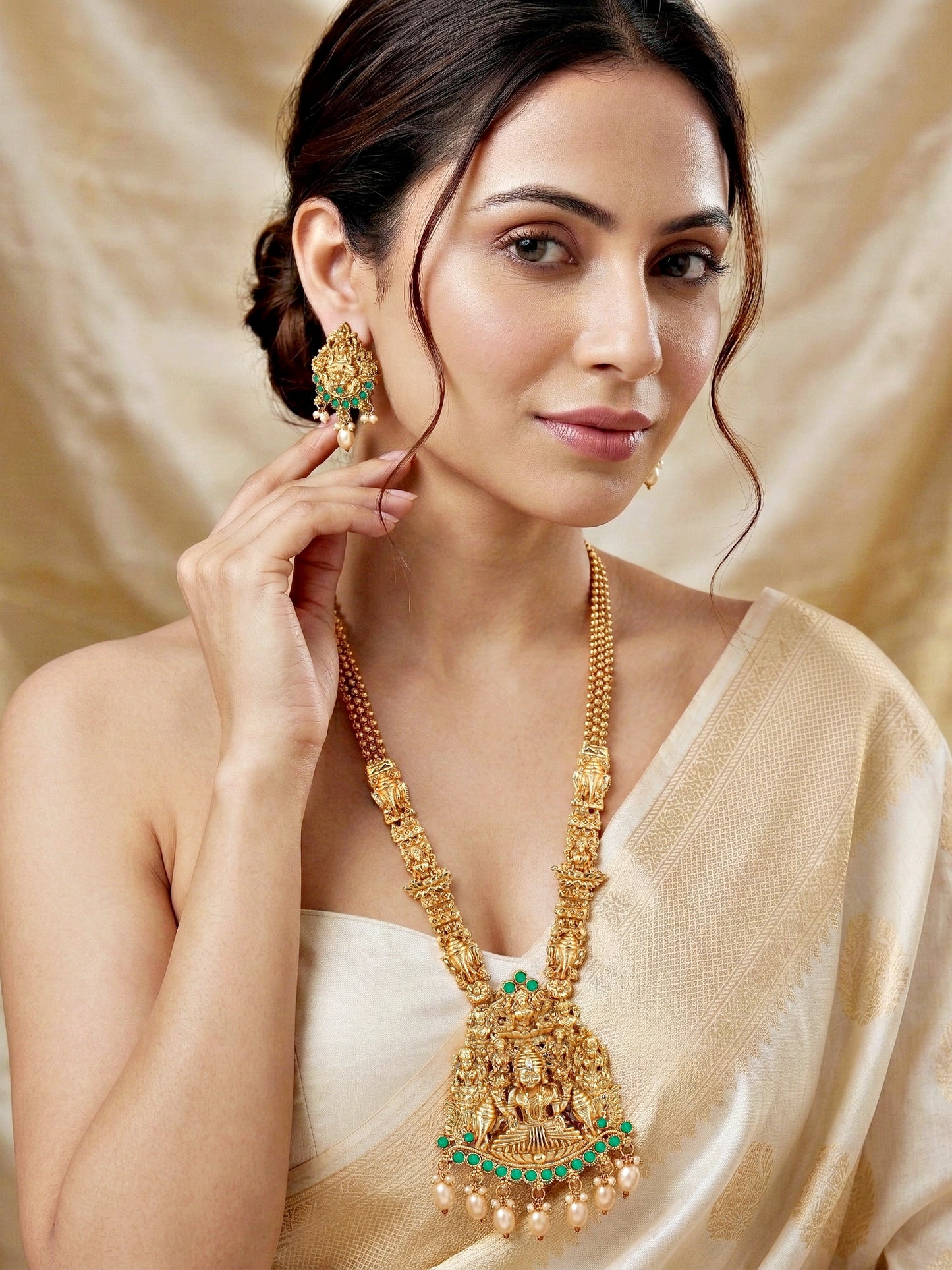Lucky Jewellery Gold-Plated Laxmi Idol Temple Necklace Set (660-G2SR-196-G)