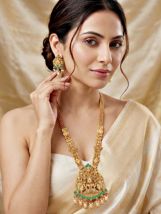 Lucky Jewellery Gold-Plated Laxmi Idol Temple Necklace Set (660-G2SR-196-G)