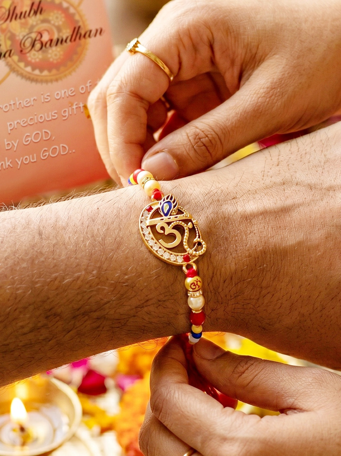 Spiritual Om Krishna Flute Peacock Beaded Rakhi Set For Brother | Roli Chawal & Cards (72-S5R1-AR2927)