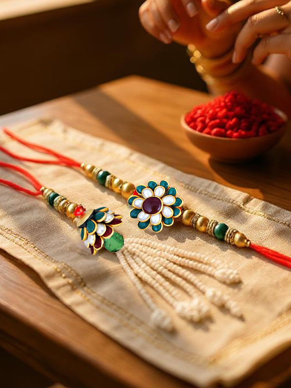 Lucky Jewellery Designer Gold Plated Maroon & Green Color Pachi Floral Rakhi - Rakshabandhan Rakhee with Pearl Lumba Bracelet for Brother/Bhaiya/Bhai/Bhabhi - Pack of 2 (173-JPCR1-1858-MG-2)