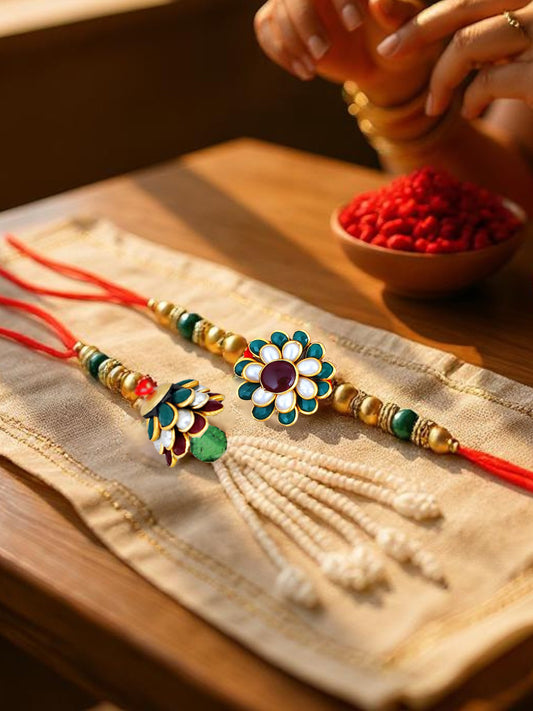 Lucky Jewellery Designer Gold Plated Maroon & Green Color Pachi Floral Rakhi - Rakshabandhan Rakhee with Pearl Lumba Bracelet for Brother/Bhaiya/Bhai/Bhabhi - Pack of 2 (173-JPCR1-1858-MG-2)