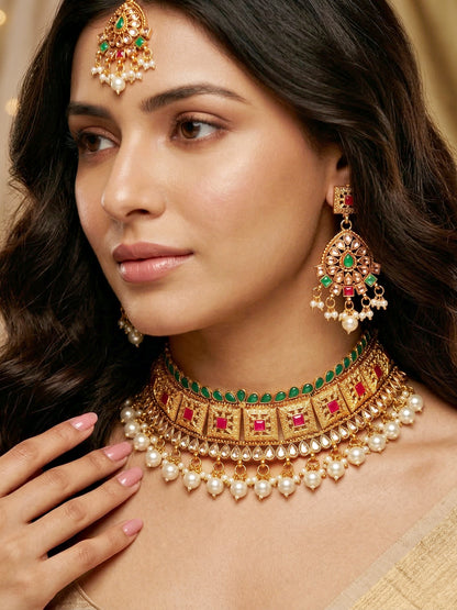 Lucky Jewellery Gold-Plated Ruby & Green Color Choker Necklace Set (866-G2SR-006-RG)